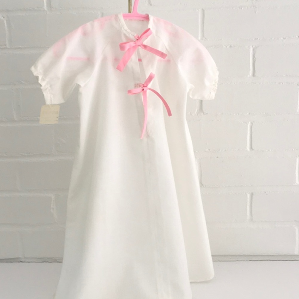 Classic Vintage Infant Full Length White Nightgown With Pink Ties Size 3-6 Month